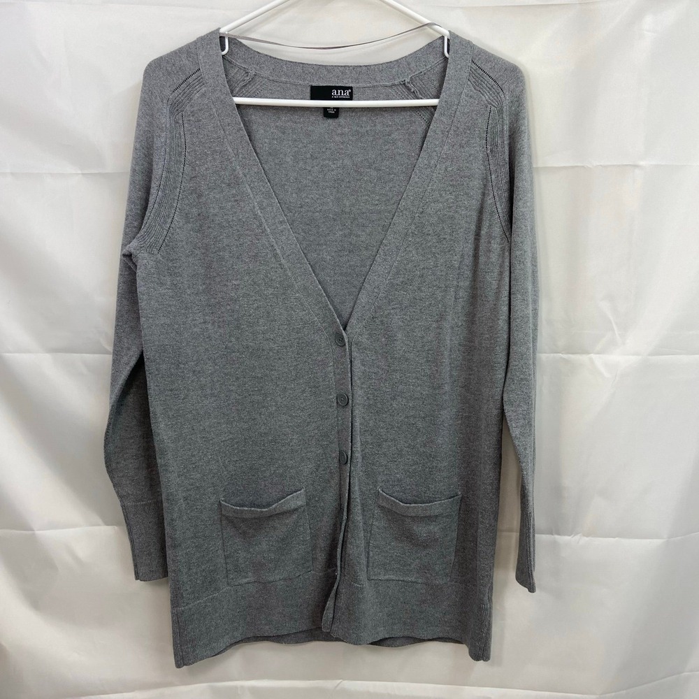 A.N.A. women's gray button front pocket long deep v-neck casual cardigan sweater